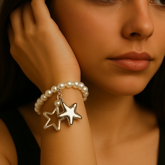 Periwinkle by Barlow Jewelry - Periwinkle Silver tone Stars Beaded Stretchy Bracelet - Women's Fashion Jewelry
